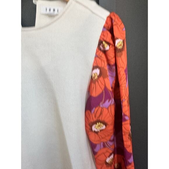 THML blouse With Cream Ribbed Body Orange Floral Balloon Sleeves - Size Small - Picture 3 of 8